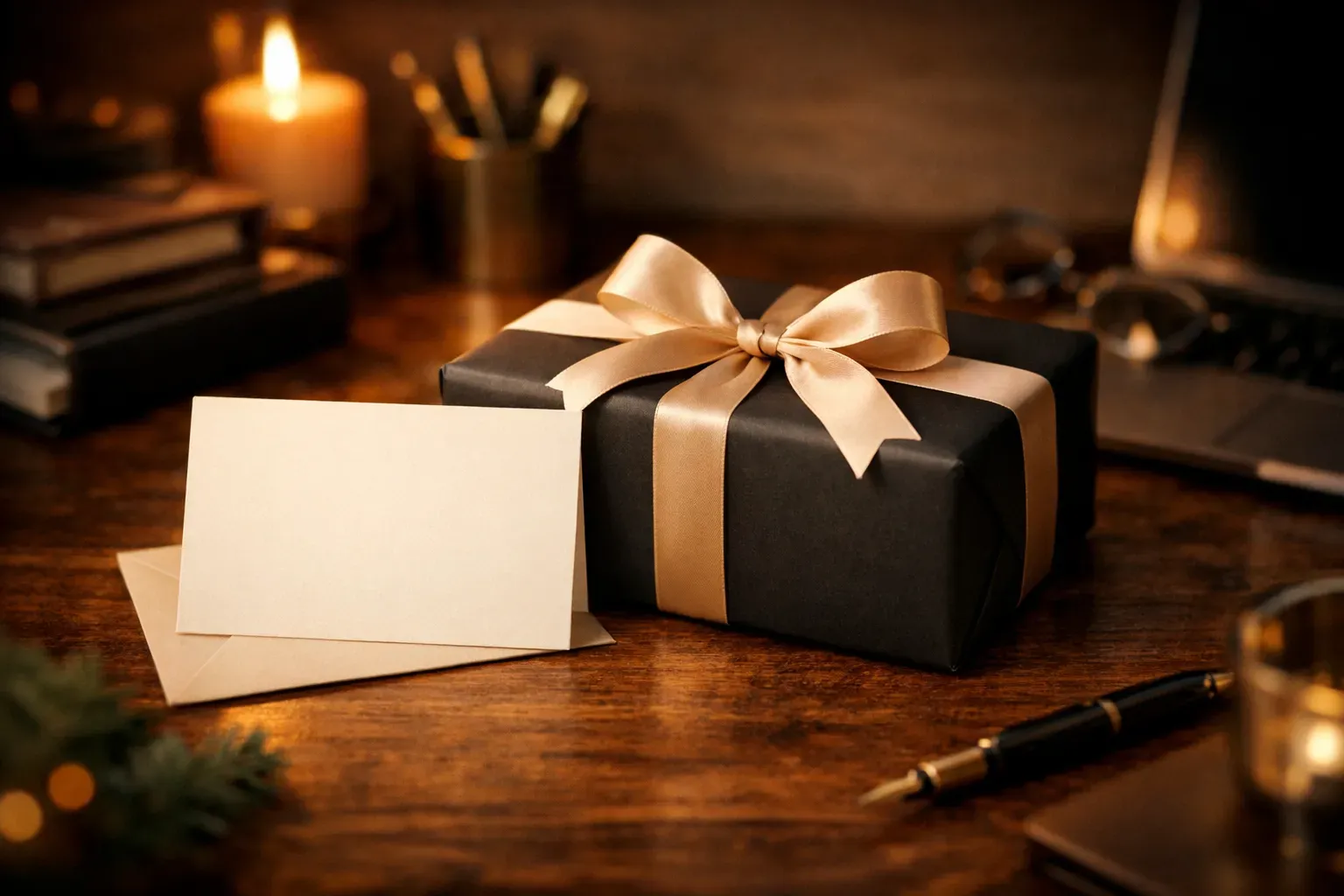 Cadeau d'entreprise emballe avec une carte sur un bureau en bois, lumiere doree