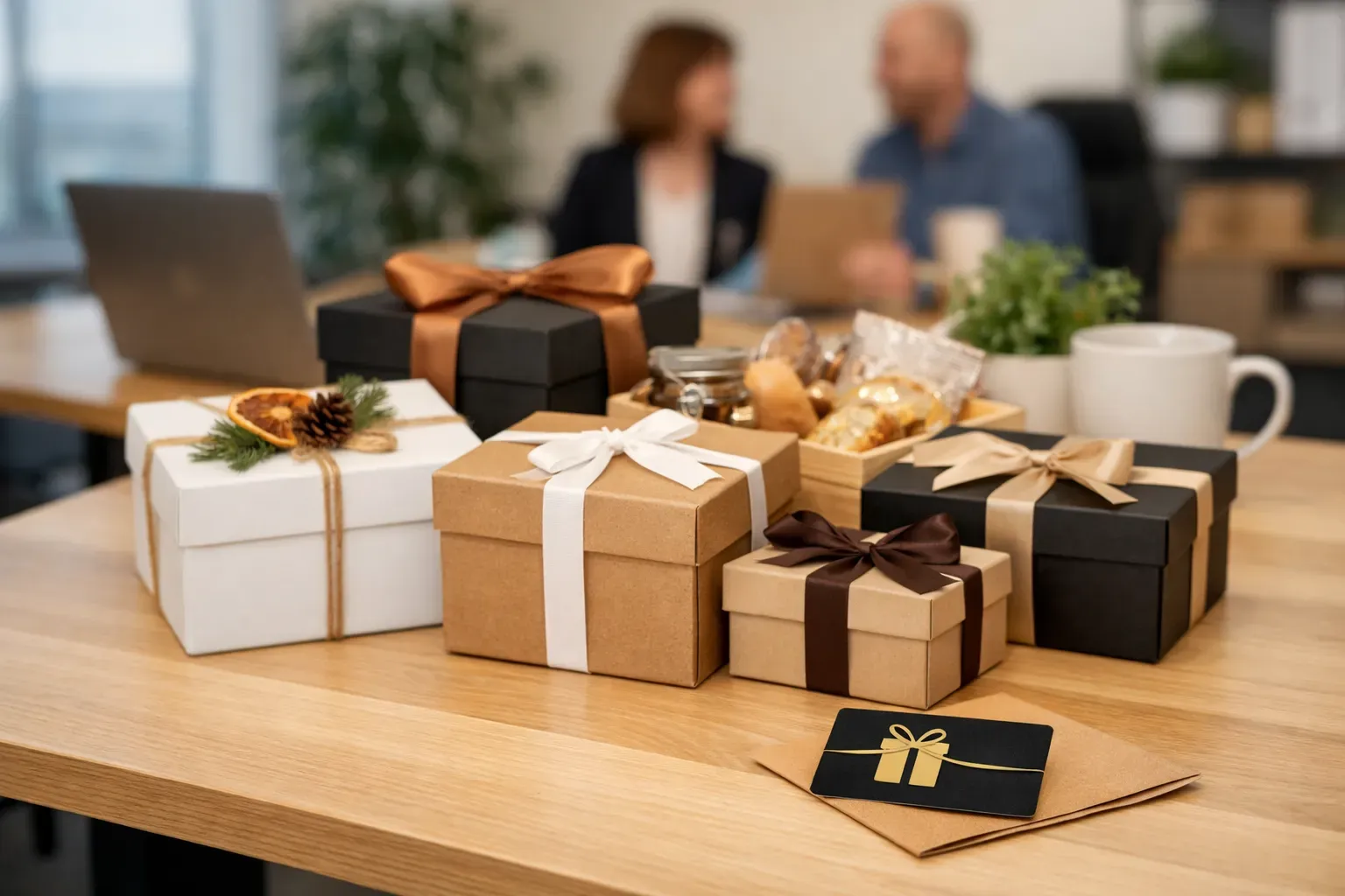 Coffrets cadeaux pour salaries et carte cadeau poses sur un bureau
