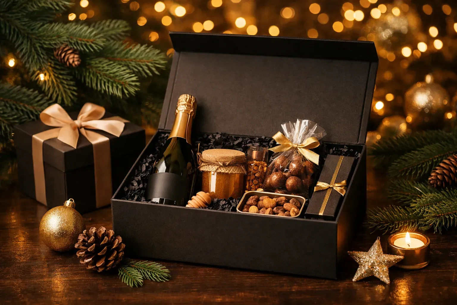 Coffret cadeau d'entreprise elegant avec decoration de Noel sobre