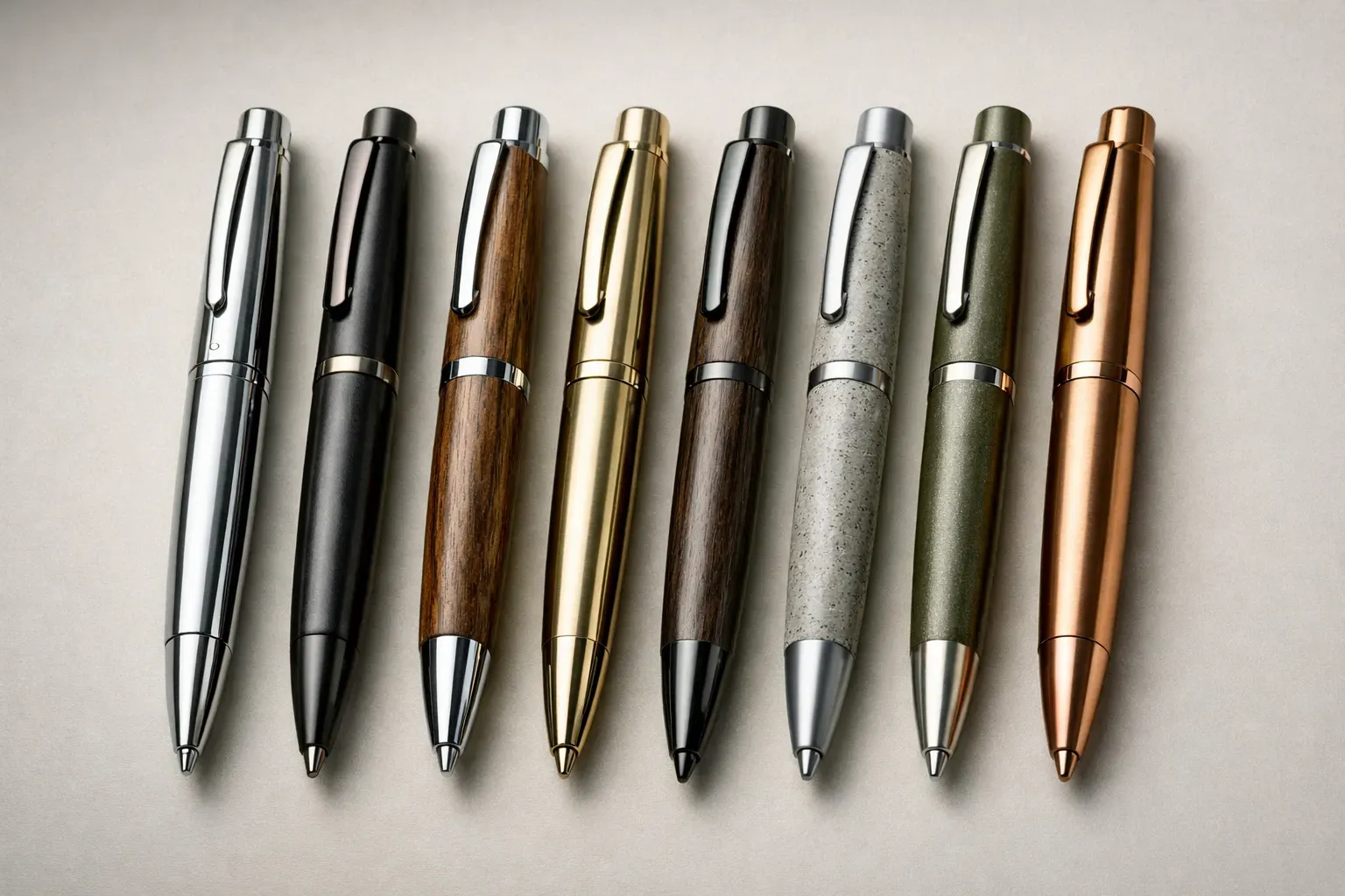 Collection de stylos publicitaires en metal, bois et matiere recyclee en gros plan