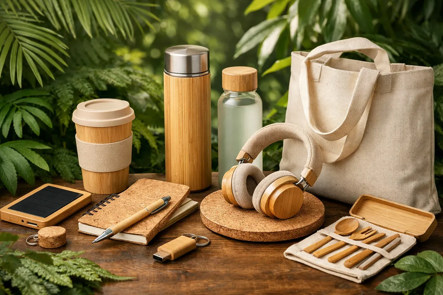 Objets publicitaires ecoresponsables en bambou, liege et coton recycle sur fond vegetal