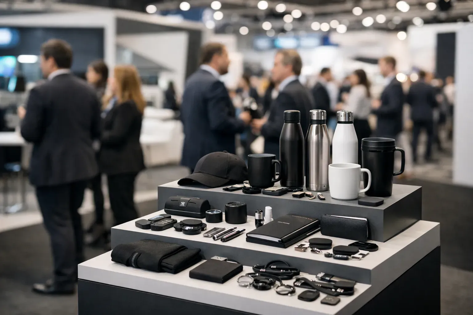 Stand de salon professionnel avec presentoir de goodies d'entreprise