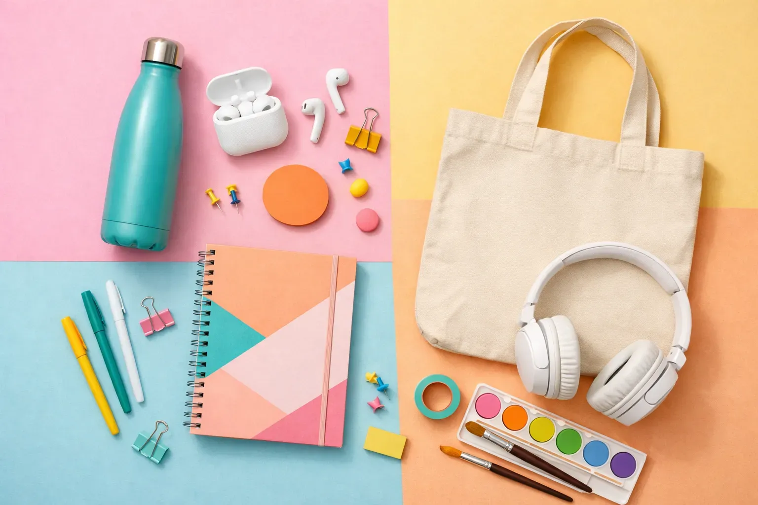 Composition a plat de goodies d'entreprise modernes : gourde, carnet, tote bag, ecouteurs