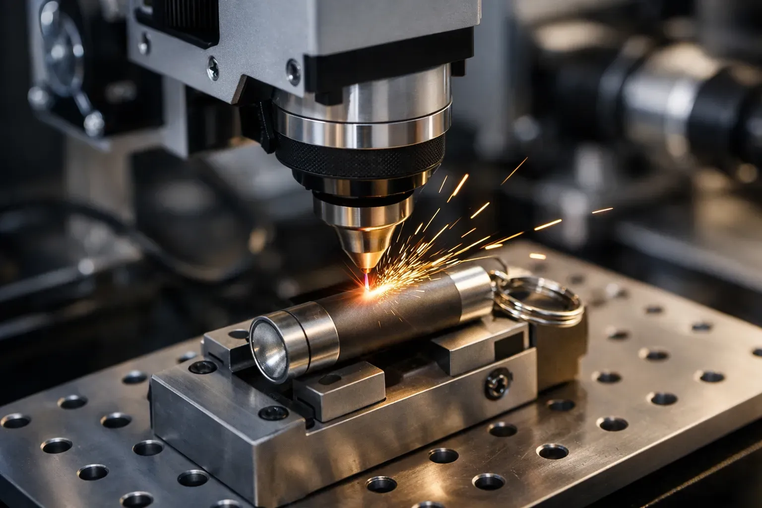 Machine de gravure laser personnalisant un objet publicitaire en atelier