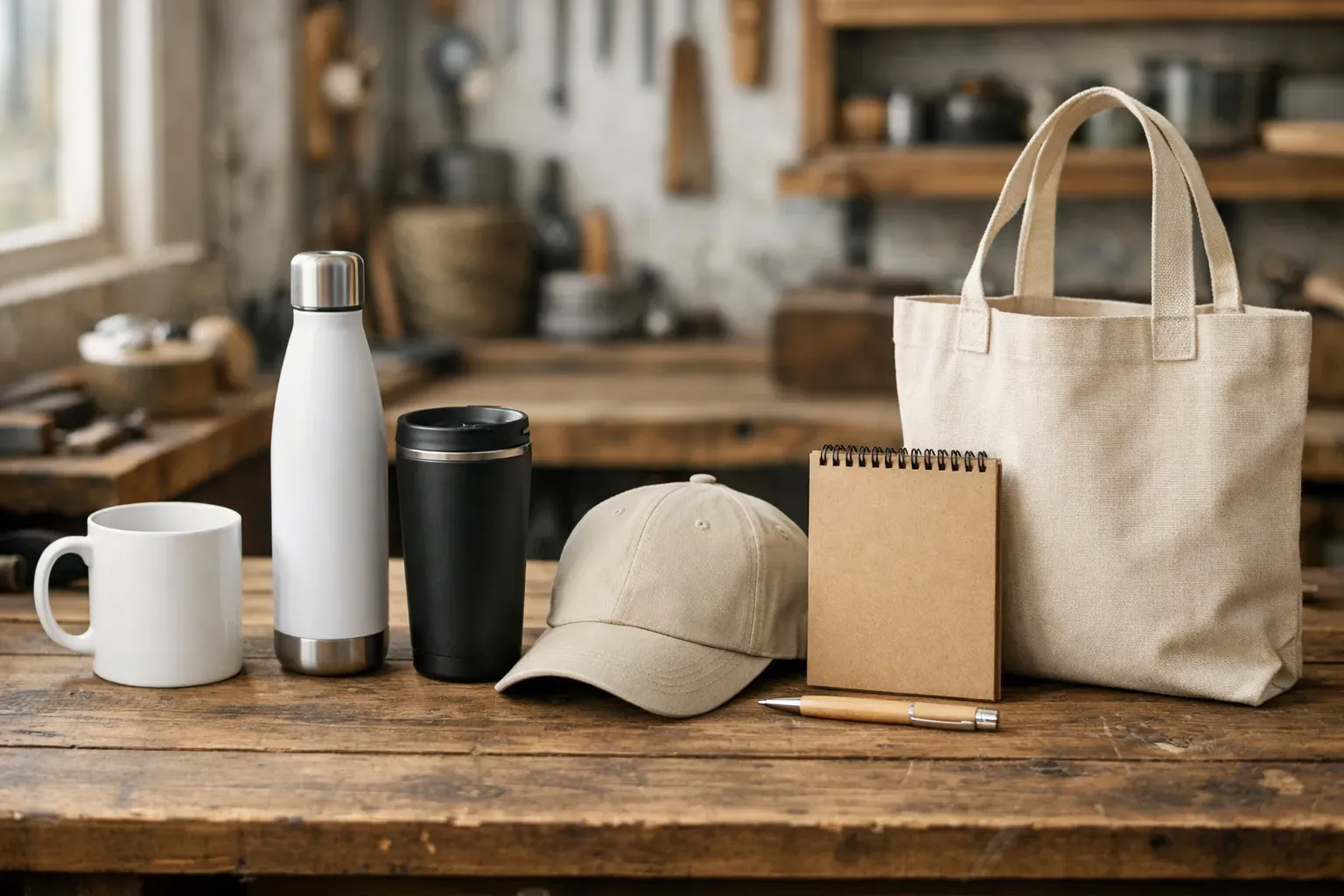Petite serie d'objets publicitaires personnalises alignes sur un plan de travail d'atelier