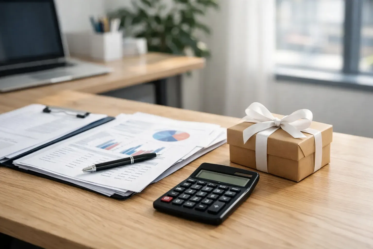 Bureau de comptable avec calculatrice, documents et cadeau d'entreprise emballe
