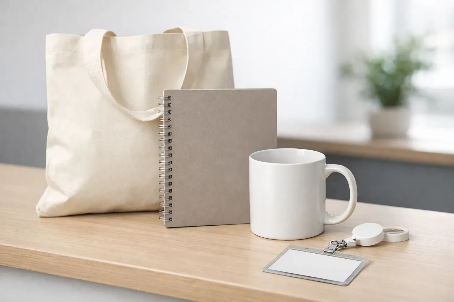 Welcome pack d'entreprise : mug, carnet, tote bag et badge sur un bureau d'accueil